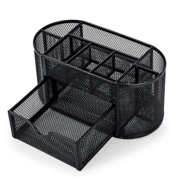 Kebica Metal Mesh Desktop Organizer Pen and Pencil Stationery Storage Holder for Home and Office Supplies (8 Compartment Plus Drawer)