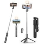 Kratos Selfie Stick Tripod Stand, 3 in 1 Multifunctional Design, Rechargable LED Light with Two Brighness Levels for Make up, Selfie & Photo Shoot, Selfie Stick with Bluetooth Remote (70cm with light)