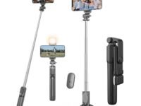 Kratos Selfie Stick Tripod Stand, 3 in 1 Multifunctional Design, Rechargable LED Light with Two Brighness Levels for Make up, Selfie & Photo Shoot, Selfie Stick with Bluetooth Remote (70cm with light)