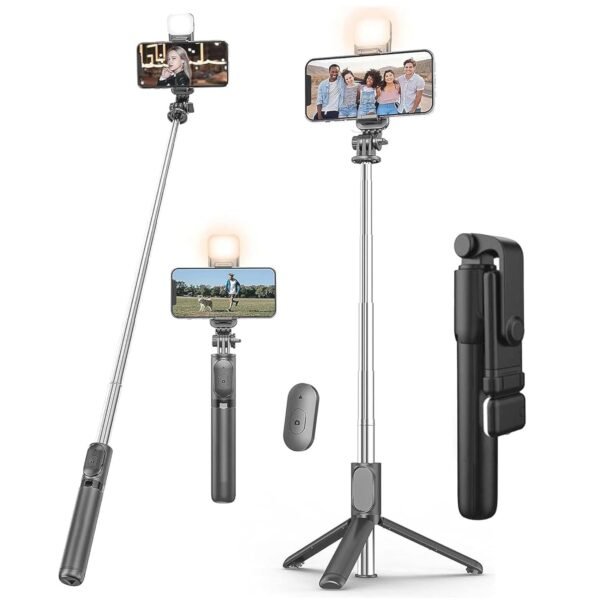 Kratos Selfie Stick Tripod Stand, 3 in 1 Multifunctional Design, Rechargable LED Light with Two Brighness Levels for Make up, Selfie & Photo Shoot, Selfie Stick with Bluetooth Remote (70cm with light)