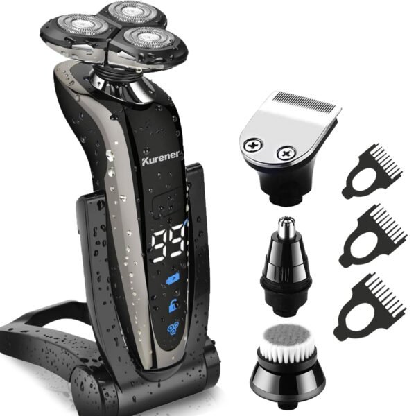 Kurener Electric Shaver Razor for Men Rechargeable 100% Waterproof Rotary for Shaving with Nose Trimmer Sideburns Trimmer Face Cleaning Brush
