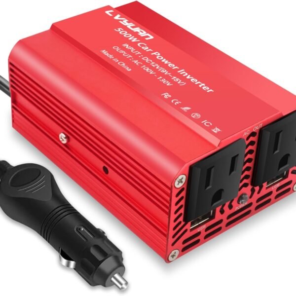 LVYUAN 500W Power Inverter for Vehicles DC 12V to 110V AC Car Plug Adapter Outlet Converter with 2 USB Fast Charging Ports and 2 AC Outlets Car Charger Adapter