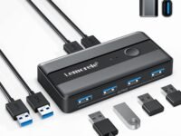 Lemorele USB 3.0 Sharing Switch, 2 Computers Share 4 USB Ports Peripheral Adapter for PC, Printer, Scanner, Mouse, Keyboard - One-Click Switch with 2 USB-A Cables Included