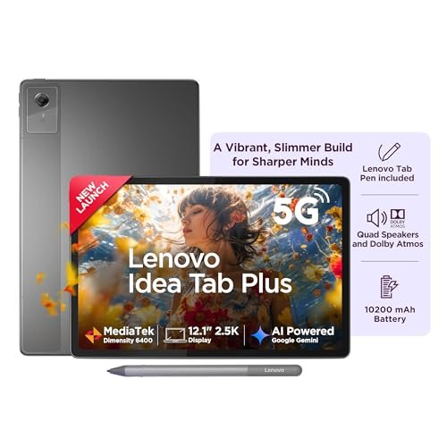 Lenovo Idea Tab Plus with Pen |Wifi +5G |12.1" 2.5K Display, 800nits Peak Brightness |8GB RAM + 256GB ROM (Expandable upto 2TB)| MediaTek Dimensity 6400| 10200mAh|4 Speakers with Dolby Atmos|Luna Grey