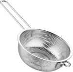 Long Handle Bowl Colander Beans Grains Washing Filter Basket Metal Fine Mesh Strainer Sieve Deep Fry Basket Kitchen Wire Skimmer for Frying Food Micro-Perforated Colander