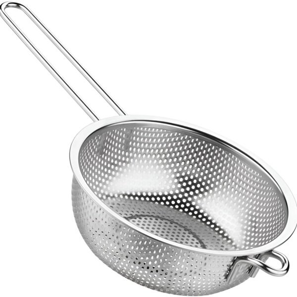 Long Handle Bowl Colander Beans Grains Washing Filter Basket Metal Fine Mesh Strainer Sieve Deep Fry Basket Kitchen Wire Skimmer for Frying Food Micro-Perforated Colander