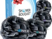 Loofah Charcoal Bath Sponge XL 75g Set by Shower Bouquet: 4 Pack, Extra Large Mesh Pouf Soft Scrubber for Men and Women - Exfoliate with Big Black & White Gentle Cleanse in Beauty Bathing Accessories