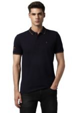 Louis Philippe Men's Slim Fit 24s Single-Tuck Pique Stylized Sleeve Print and Contrast Tipping Half Sleeve Solid Polo T-Shirt