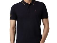 Louis Philippe Men's Slim Fit 24s Single-Tuck Pique Stylized Sleeve Print and Contrast Tipping Half Sleeve Solid Polo T-Shirt