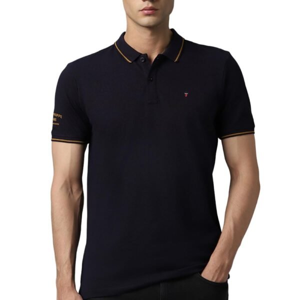 Louis Philippe Men's Slim Fit 24s Single-Tuck Pique Stylized Sleeve Print and Contrast Tipping Half Sleeve Solid Polo T-Shirt