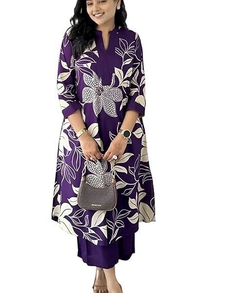 MEERA FAB Women's Pure Cotton Printed Ethnic Wear Straight Kurta Set with Palazzo Pants