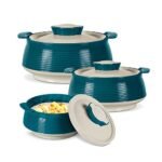 MILTON Venice Double Walled Inner Stainless Steel Serving Casserole Set of 3 (450 ml, 850 ml, 1350ml), PU Insulated Kitchen Hot Pot, Keeps Food hot & Fresh for Roti, Biryani, Marble Green