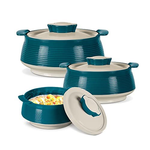 MILTON Venice Double Walled Inner Stainless Steel Serving Casserole Set of 3 (450 ml, 850 ml, 1350ml), PU Insulated Kitchen Hot Pot, Keeps Food hot & Fresh for Roti, Biryani, Marble Green