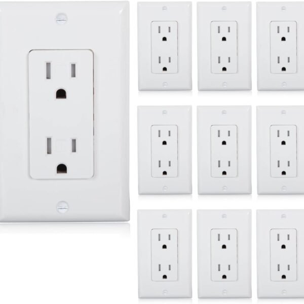 Maxxima Tamper Resistant Duplex Receptacle - Standard Decorative Electrical Wall Outlet 15A, Contractor Pack, Wall Plates Included - White - 10 Pack