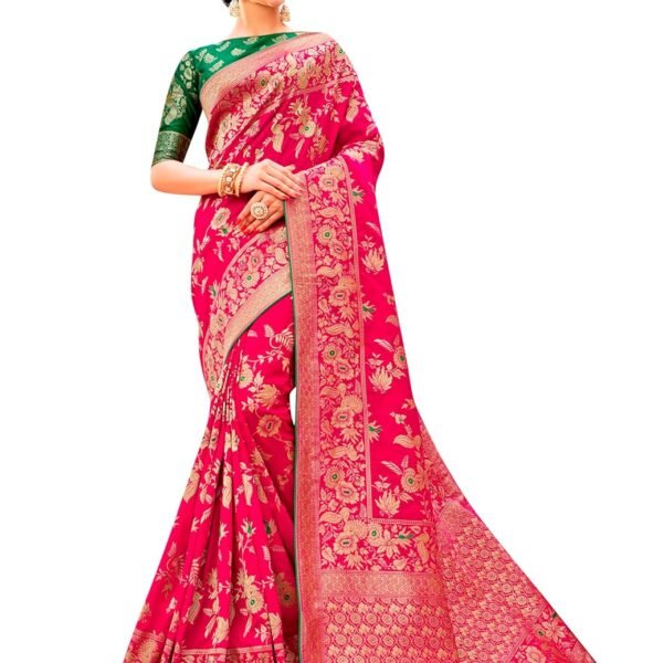 Monjolika Fashion Women's Banarasi Silk Blend Woven Zari With Tussles Saree and Jacquard Woven Blouse Piece (37765 color)