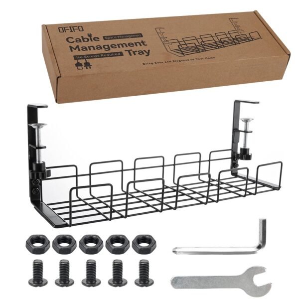 No Drill Under Desk Cable Management Tray, Space-Saving Rack, Sturdy Metal Wire Organizer Basket for Office and Home Standing Desk, 40x13x15cm