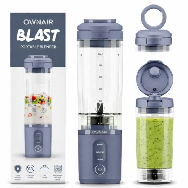 OWNAIR Portable Personal Smoothie Blender for Juices, 240W USB-Rechargeable, 470ml Tritan BPA-Free Sipper Jar, 6000mAh Battery, for Shakes & Baby Food (Blue)