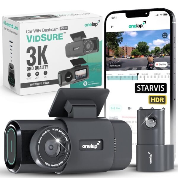 Onelap Vidsure™ (2025 Launch Front + Rear) - 3K Dashcam for Car | Real Sony STARVIS IMX335 | 5MP 3K UpScaled to 3840p Front | 2MP 1080p Rear FHD | HDR | 1.47" LCD Display | Dual Port Car Charger