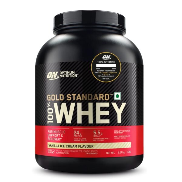Optimum Nutrition (ON) Gold Standard 100% Whey Protein Powder 5 lbs, 2.27 g (Vanilla Ice Cream), for Muscle Support & Recovery, Vegetarian - Primary Source Whey Isolate