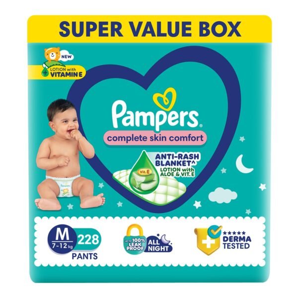 Pampers Complete Skin Comfort Pants| Pant style Diaper Medium, 228 count| Anti-Rash blanket lotion with Vit E and Aloe Vera | All night protection with leak proof technology(76 Count, Pack of 3)