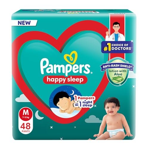 Pampers Happy Sleep Pant Style Baby Diapers, Medium (M), 48 Count, 1 Pampers = 1 Night Sleep, with Anti Rash Shield, 7-12 Kg Diapers
