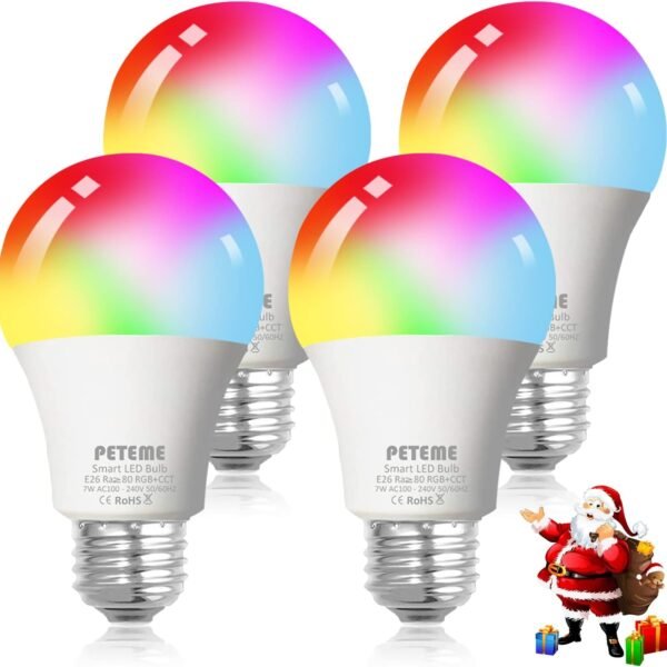 Peteme Smart WiFi Alexa Light Bulb, Led RGB Color Changing Bulbs, Compatible with Alexa, Siri, Echo, Google Home (No Hub Required), E26 A19 60W Multicolor (4 Pack)…
