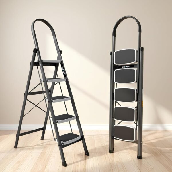 Plantex 5 Step Ladder - Foldable Steel -Wide Anti Skid Steps - 5 Year Manufacturer Warranty(Gray & White)