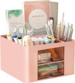 Plastic Multi-Functional Desk Organiser With 5 Compartments & 2 Drawer Desktop Office Supplies Stationery Storage Box Cosmetic Organizer For Pens Staplers Clips Sticky Notes (Pink)