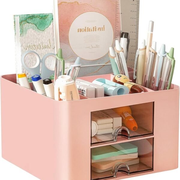 Plastic Multi-Functional Desk Organiser With 5 Compartments & 2 Drawer Desktop Office Supplies Stationery Storage Box Cosmetic Organizer For Pens Staplers Clips Sticky Notes (Pink)