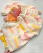 Pure Linen Cotton Paint Saree with Cotton Handwork Blouse, Lemonish White, 5.5 Meters