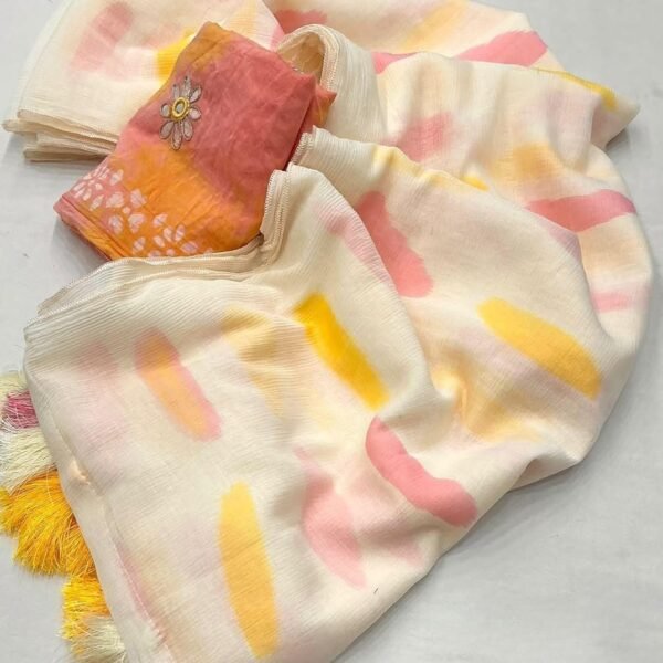 Pure Linen Cotton Paint Saree with Cotton Handwork Blouse, Lemonish White, 5.5 Meters