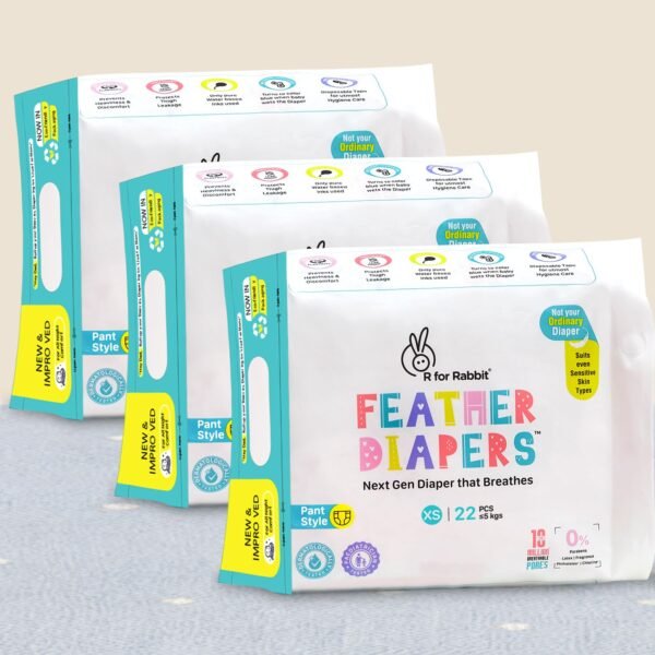 R for Rabbit XS New Born Premium Feather Diaper Pant Style for Baby 0 to 5 kgs, 66 Count (22 Count, Pack Of 3)