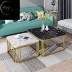 RIZIK STORE™ Iron Base Handmade Square 20"x20" & 18" x 18" Coffee Table/Nesting Table/Side Table/Center Table with Marble MDF White Top for Living Room/Drawing Room/Balcony Gold (Black)