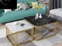 RIZIK STORE™ Iron Base Handmade Square 20"x20" & 18" x 18" Coffee Table/Nesting Table/Side Table/Center Table with Marble MDF White Top for Living Room/Drawing Room/Balcony Gold (Black)