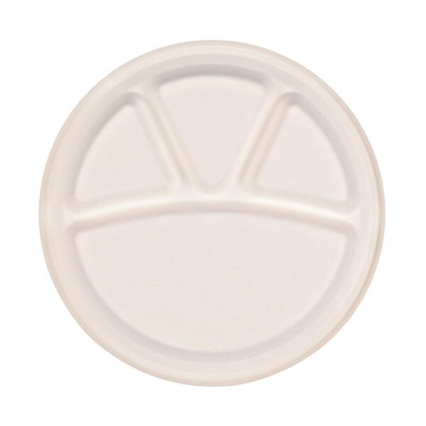 SANWALSA [11.5 inch, 4-Compartment, 20 Count, Round, White Disposable Bagasse Paper Plates | Eco-Friendly Sugarcane Plates for Wedding, Party, Picnic & Events
