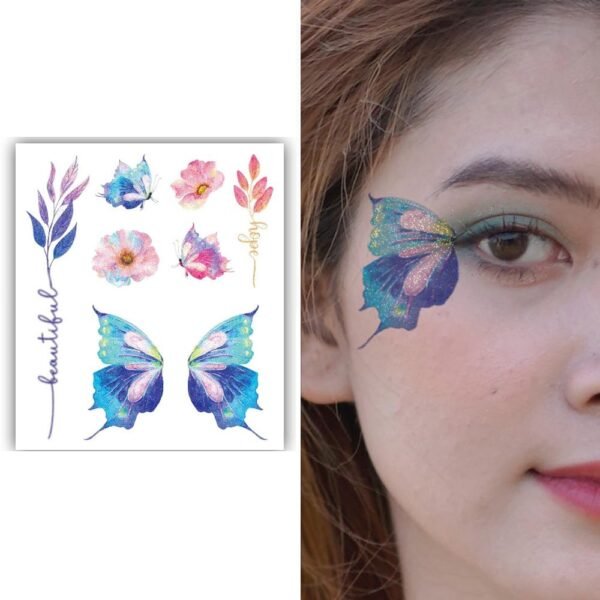 S.A.V.I Glitter Tattoo Sticker for Women - Waterproof Butterflies, Flowers & Hope Text | Eye Face Body Makeup Decor