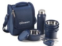 SOPL-OLIVEWARE Teso Pro Lunch Box with Cutlery, 3 Microwave Safe Inside Containers with BPA Free Lids(290ml, 450ml & 600ml), Plastic Pickle Box(130ml), Steel Water Bottle(750ml) - Blue