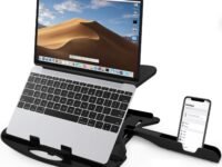 STRIFF Adjustable Laptop Tabletop Stand Patented Riser Ventilated Portable Foldable Compatible with MacBook Notebook Tablet Tray Desk Table Book with Free Phone Stand (Black)