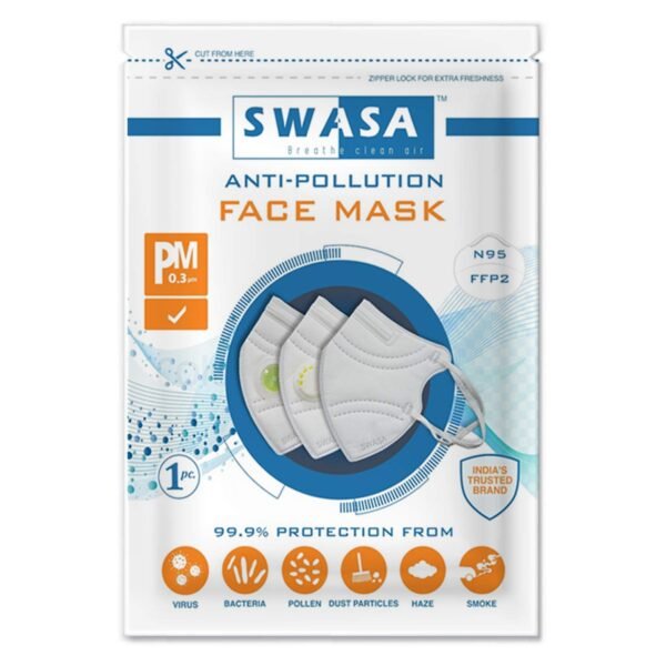 SWASA® N95 Mask FFP2 - PM 0.3 μm | Reusable | N95 Mask Pack of 5, White Color | IIT Kanpur Incubated Startup