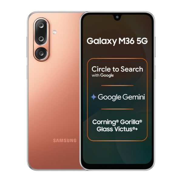 Samsung Galaxy M36 5G Mobile (Orange Haze, 8GB RAM, 128GB Storage) | Google Gemini| Gorilla Glass Victus+ | 7.7mm | AI Enhanced 50MP OIS Triple Camera | Nightography| Lag-free Gaming | Without Charger
