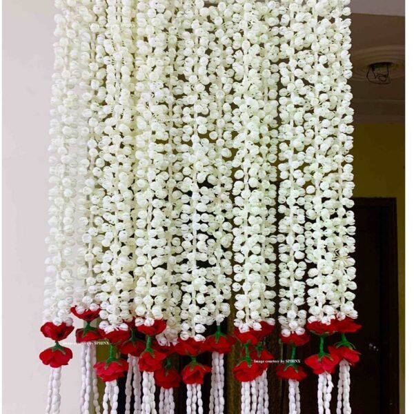 Sphinx Artificial Jasmine Buds (Mogra)& Clustered Rose Strings for Festive Pooja Wedding Housewarming Decorations Approx 2.5 ft - Number of Strings- (Red, 6)
