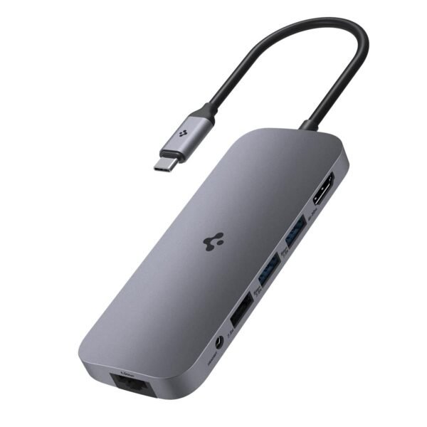 Spigen 9-in-1 Type-C Hub with Multi Port (100W PD 3.0 4K 30Hz HDMI 5Gbps USB-C, 2 x USB-A Data Ethernet Port, Audio Jack, microSD/SD Card Reader for MacBook Pro/Air M1 M2 PlayStation) - Dark Silver