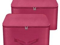 Storite 2 Pack Nylon Wardrobe Bag Underbed Moisture Proof Cloth Storage Organizer, Storage box for Clothes Saree Bags with Zippered Closure & Handle (Magenta, 37x34x23 cm)