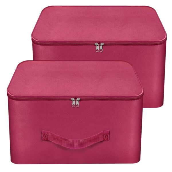 Storite 2 Pack Nylon Wardrobe Bag Underbed Moisture Proof Cloth Storage Organizer, Storage box for Clothes Saree Bags with Zippered Closure & Handle (Magenta, 37x34x23 cm)