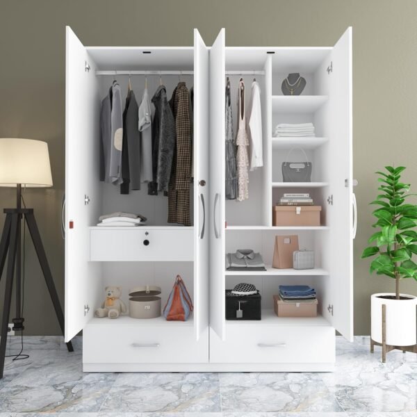 Studio Kook Amari 3 Drawer Engineered Wood 4 Door Wardrobe (Matte Finish, Moonshine White)