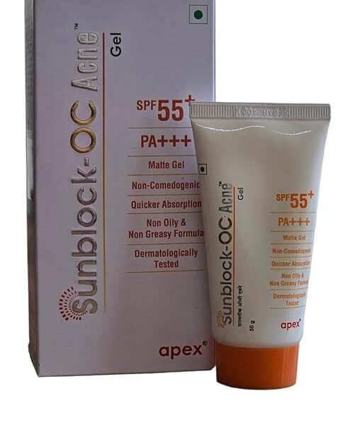 Sunblock OC Acne Matte Gel SPF 55+ PA+++ | Broad Spectrum Sunscreen for Acne-Prone Skin | Non-Comedogenic, Non-Oily, Fast Absorbing Formula | Daily Use Sun Protection Gel (Pack of 1, 50g)