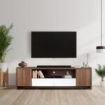 TADesign Fusion Engineered Wood TV & Entertainment Unit Matte Finish, 2 Doors with Drawer Storage (for TVs up to 65 inches, Walnut & White Color)