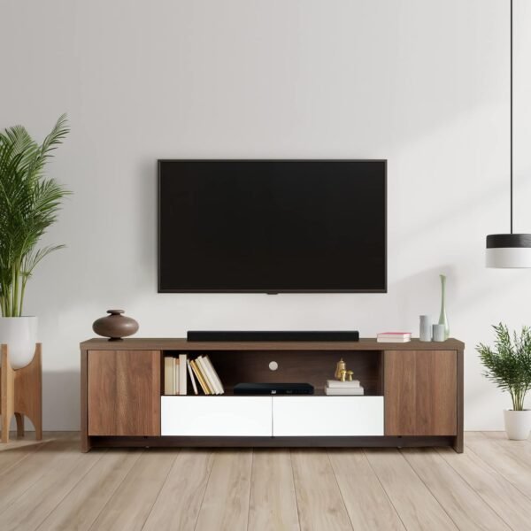 TADesign Fusion Engineered Wood TV & Entertainment Unit Matte Finish, 2 Doors with Drawer Storage (for TVs up to 65 inches, Walnut & White Color)
