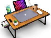 TEKCOOL Smart Multipurpose Foldable Laptop Table with Cup Holder, Study Table, Bed Table, Breakfast Table, Foldable and Portable/Ergonomic & Rounded Edges/Non-Slip Legs (Wood)