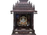 Tarang Arts Rose Wooden Home Temple, Handcrafted Pooja Mandir with Ganesha Painting, Traditional Hindu Prayer Altar, Rosewood Finish, Decorative Bells, Storage Drawer 65 * 34 * 21 inches